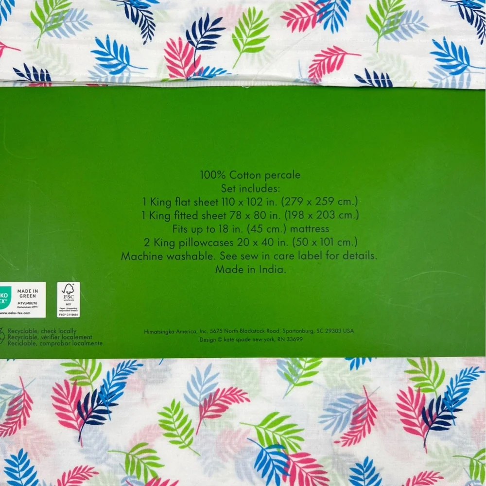 Kate Spade - ‘Tropical Leaf’ King Sheet Set. NWT. Firm!